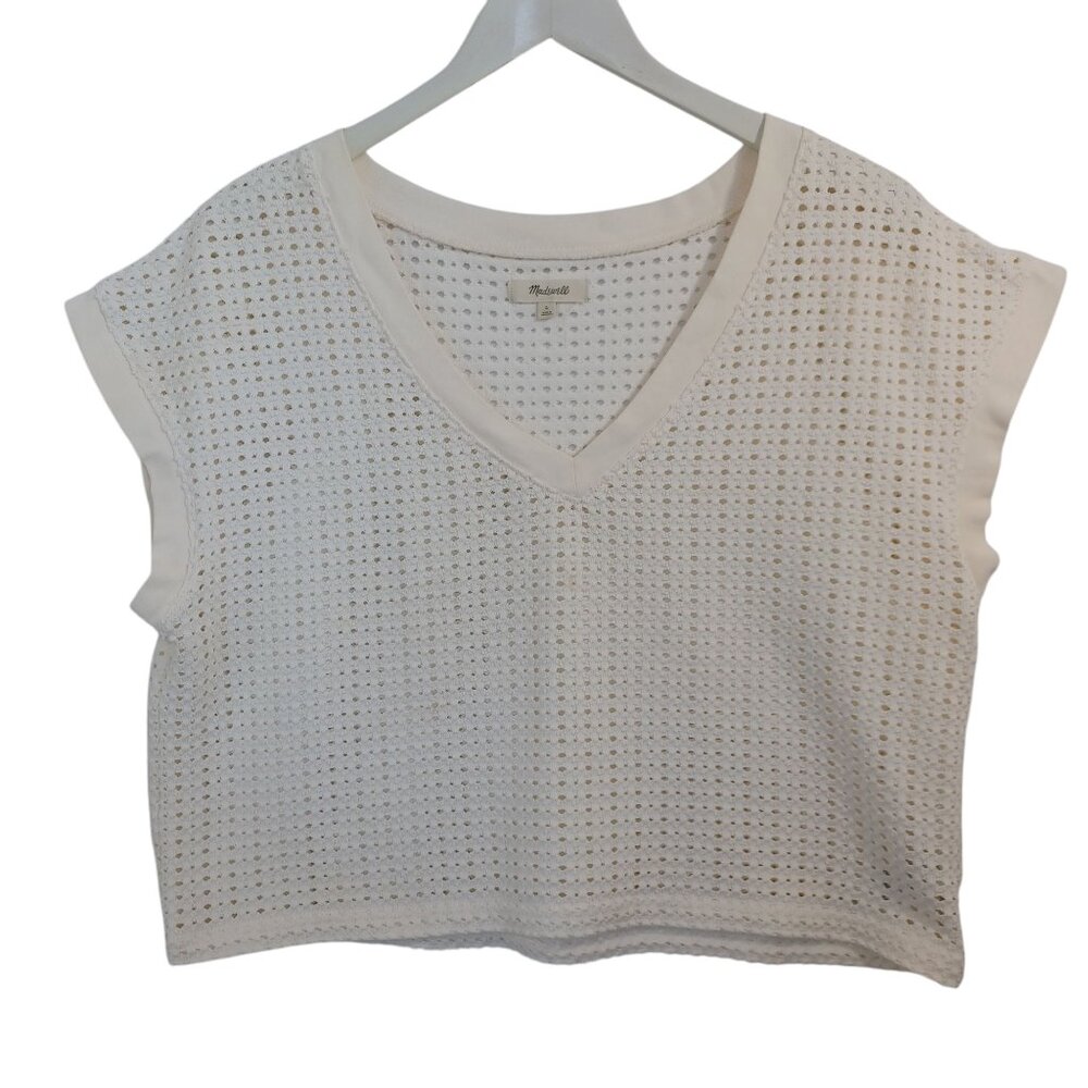 Madewell Top Cream‎ Open Weave V Neck Boxy Crop Style #NL386 Womens Large